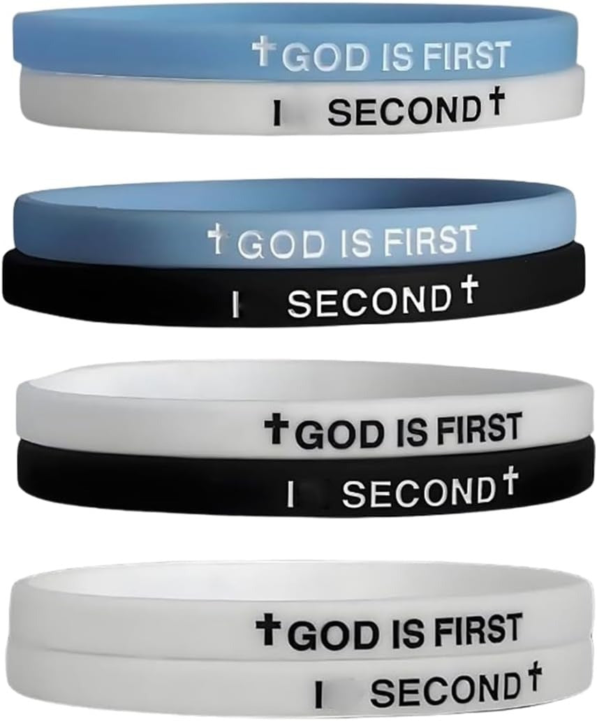 Set of five wristbands with 'GOD IS FIRST, I SECOND' text